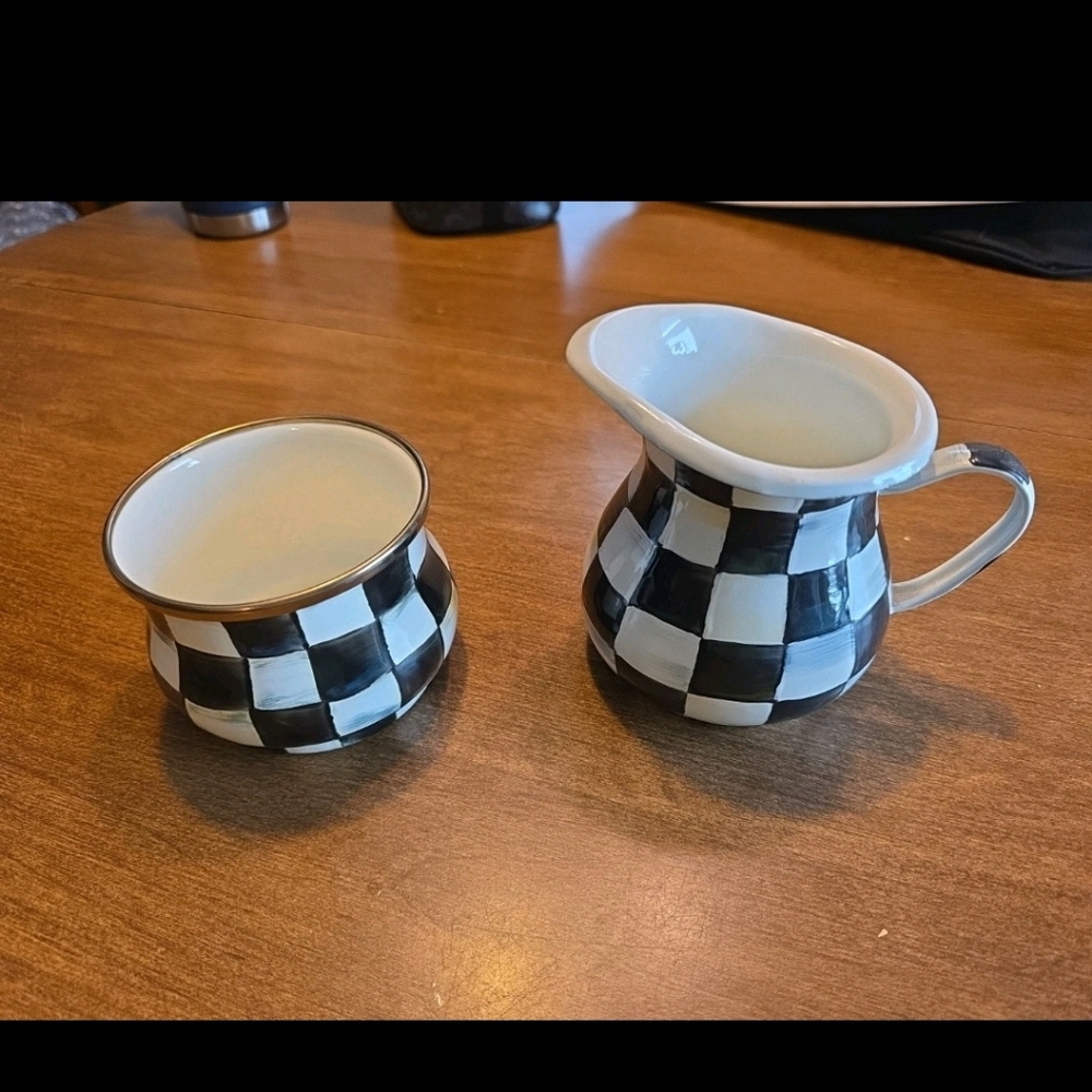 MACKENZIE CHILDS COURTLY CHECK ENAMEL SUGAR BOWL & CREAMER SET